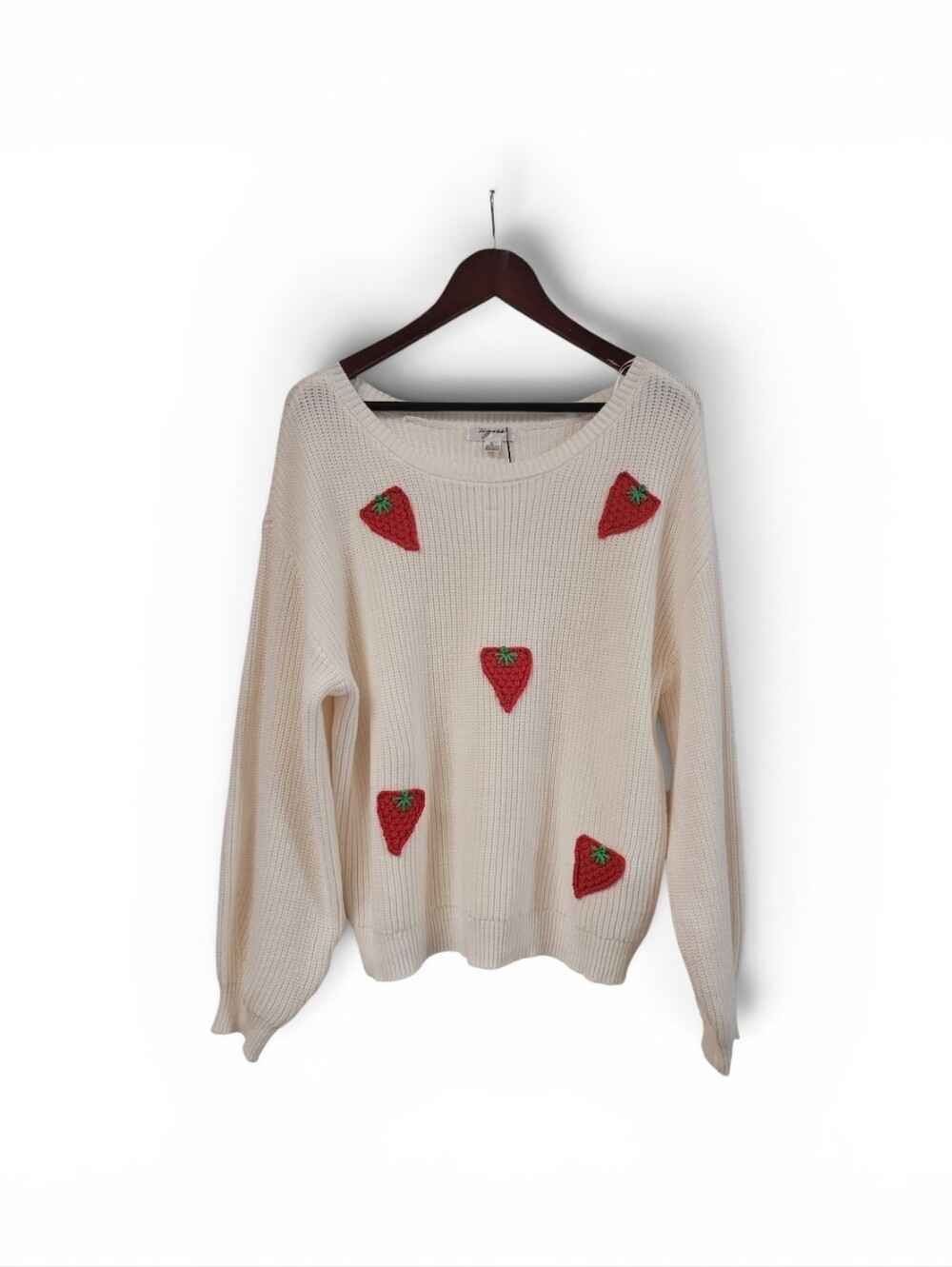 New Vigoss Cream Strawberry Crochet Appliqué Knit Sweater Large Cottagecore - Picture 2 of 5